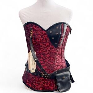 Red and Black Lace Corset with Leather Accents